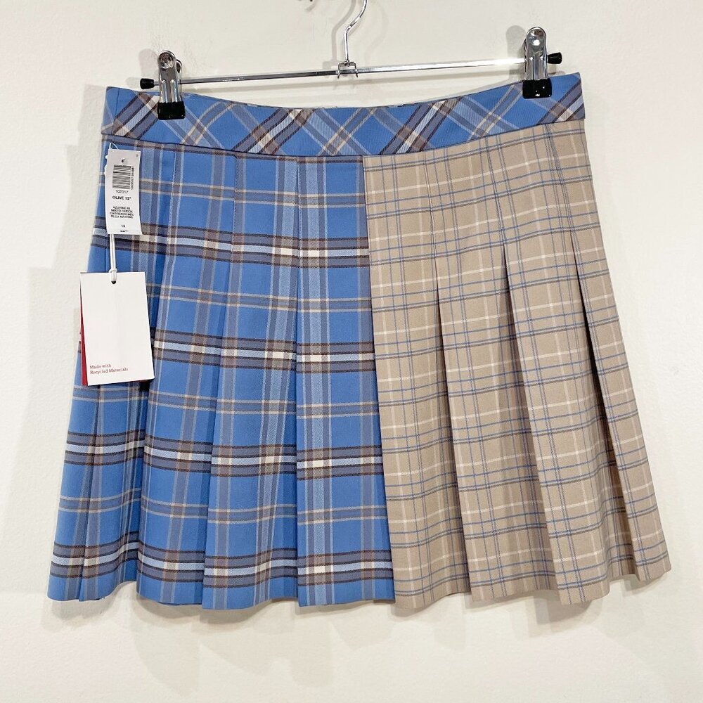 New Aritzia Olive Plaid Pleated Mini Skirt Blue Beige 10 $88 - Picture 2 of 7